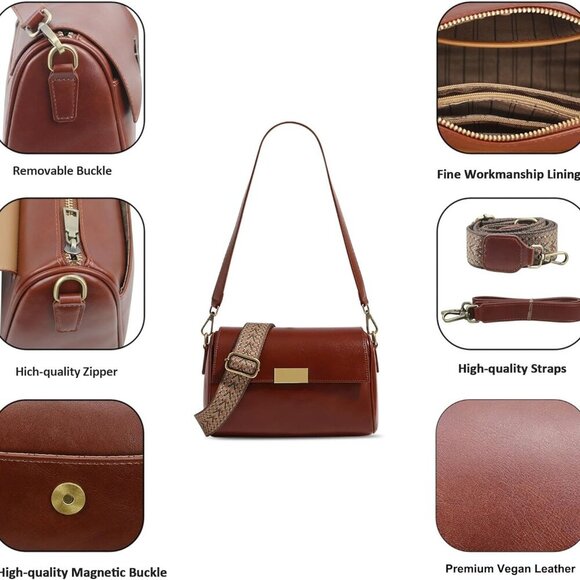 Premium Vegan Leather Shoulder Bag for Women,Detachable 2-Strap Crossbody Bag, L - Picture 6 of 9